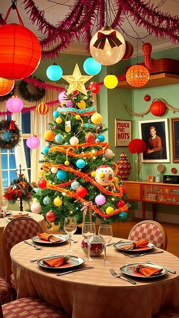 A lively 1960s Christmas setting with a colorful tree, retro ornaments, and festive decorations.